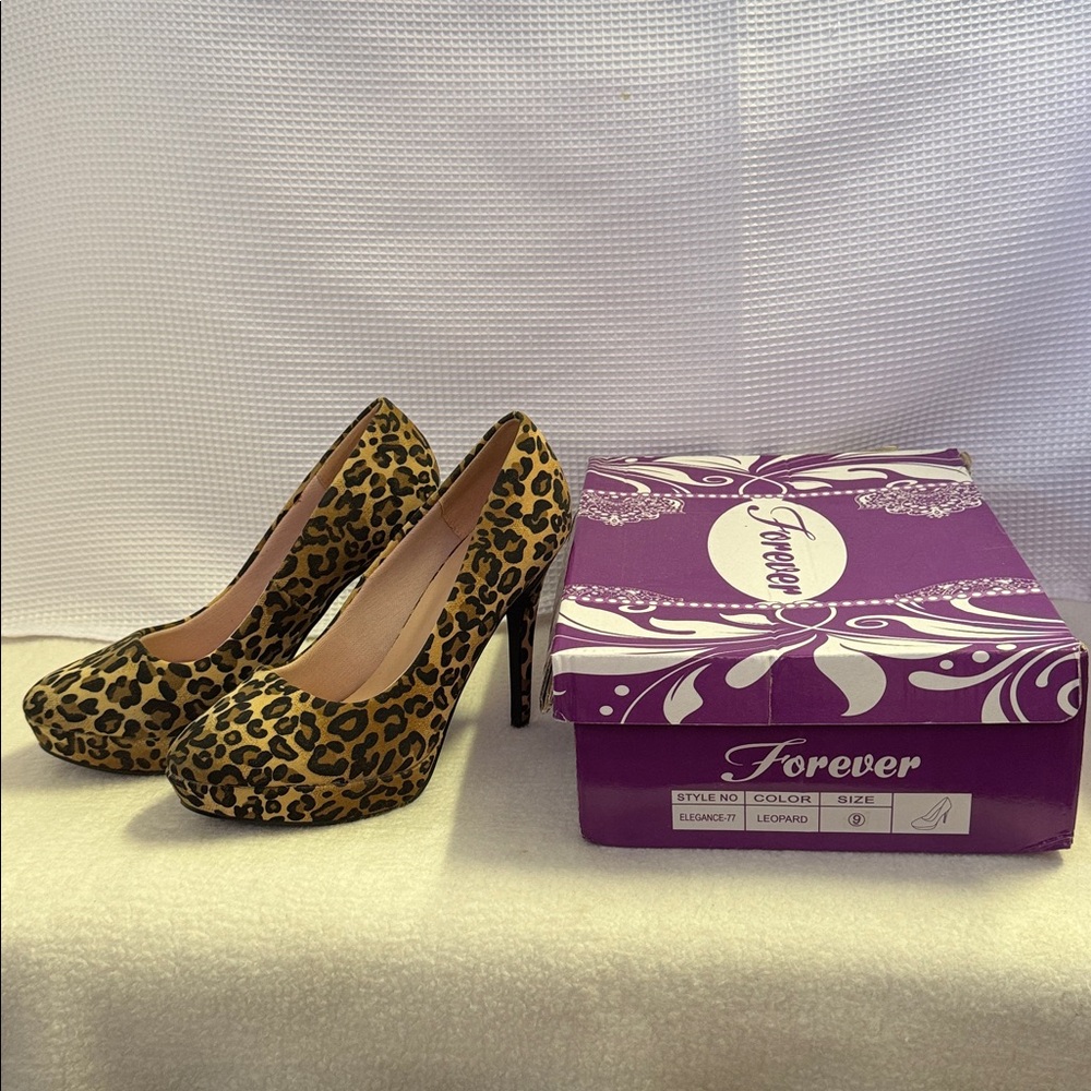 FOREVER Leopard Stiletto Platform Heels New Size 9 Tan Brown Black Sexy Shoes - Picture 10 of 14